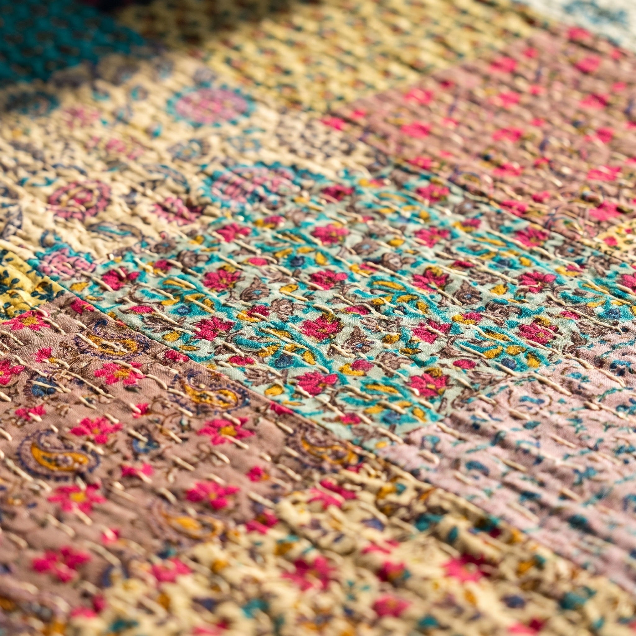 Velvet Bloom Hand blocked patchwork Kantha Bedspread