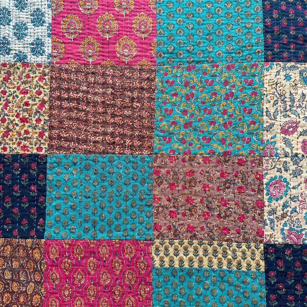 Velvet Bloom Hand blocked patchwork Kantha Bedspread