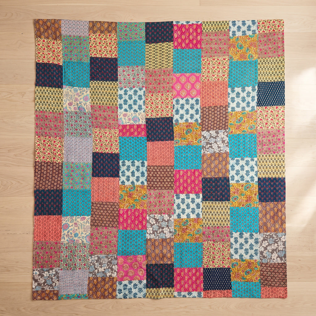 Velvet Bloom Hand blocked patchwork Kantha Bedspread