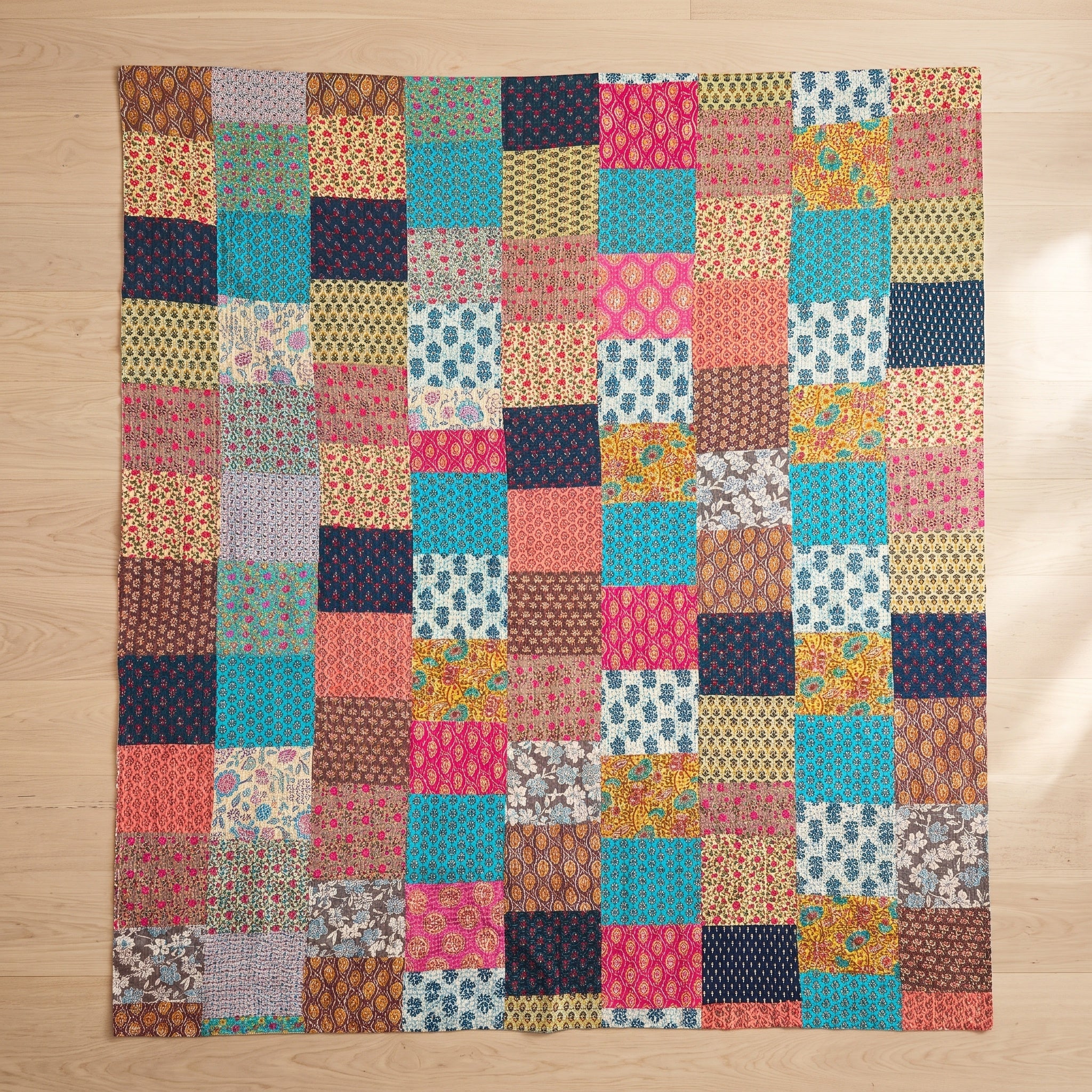 Velvet Bloom Hand blocked patchwork Kantha Bedspread