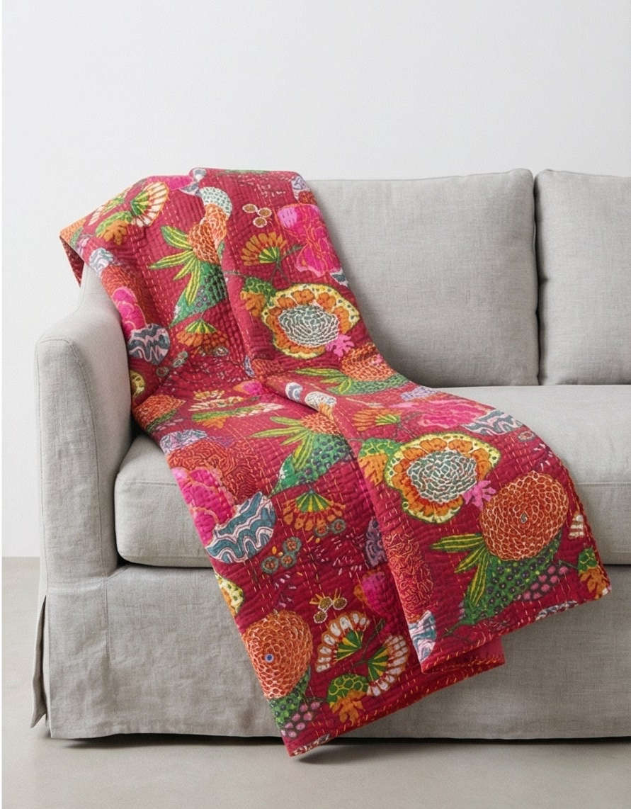 Marigold Reverie Cotton Hand-Made Kantha Throw Blanket