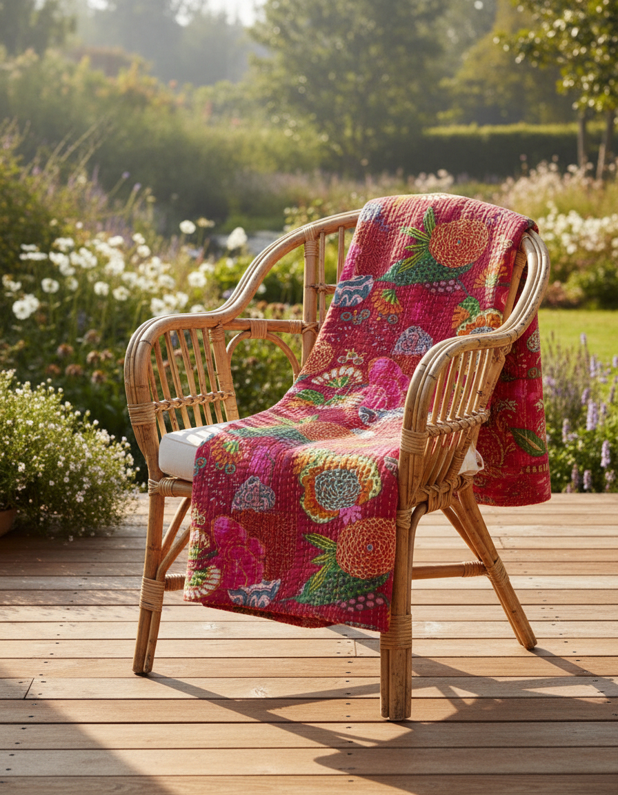 Marigold Reverie Cotton Hand-Made Kantha Throw Blanket