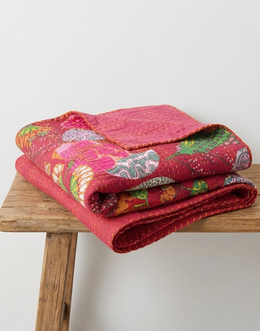 Marigold Reverie Cotton Hand-Made Kantha Throw Blanket
