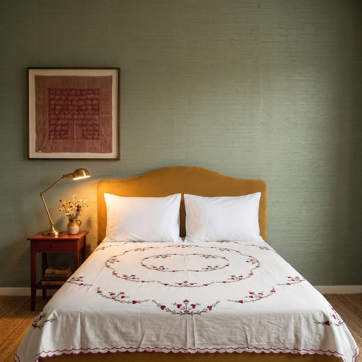 Dawn Sky Embroidered Cotton Queen Bedspread