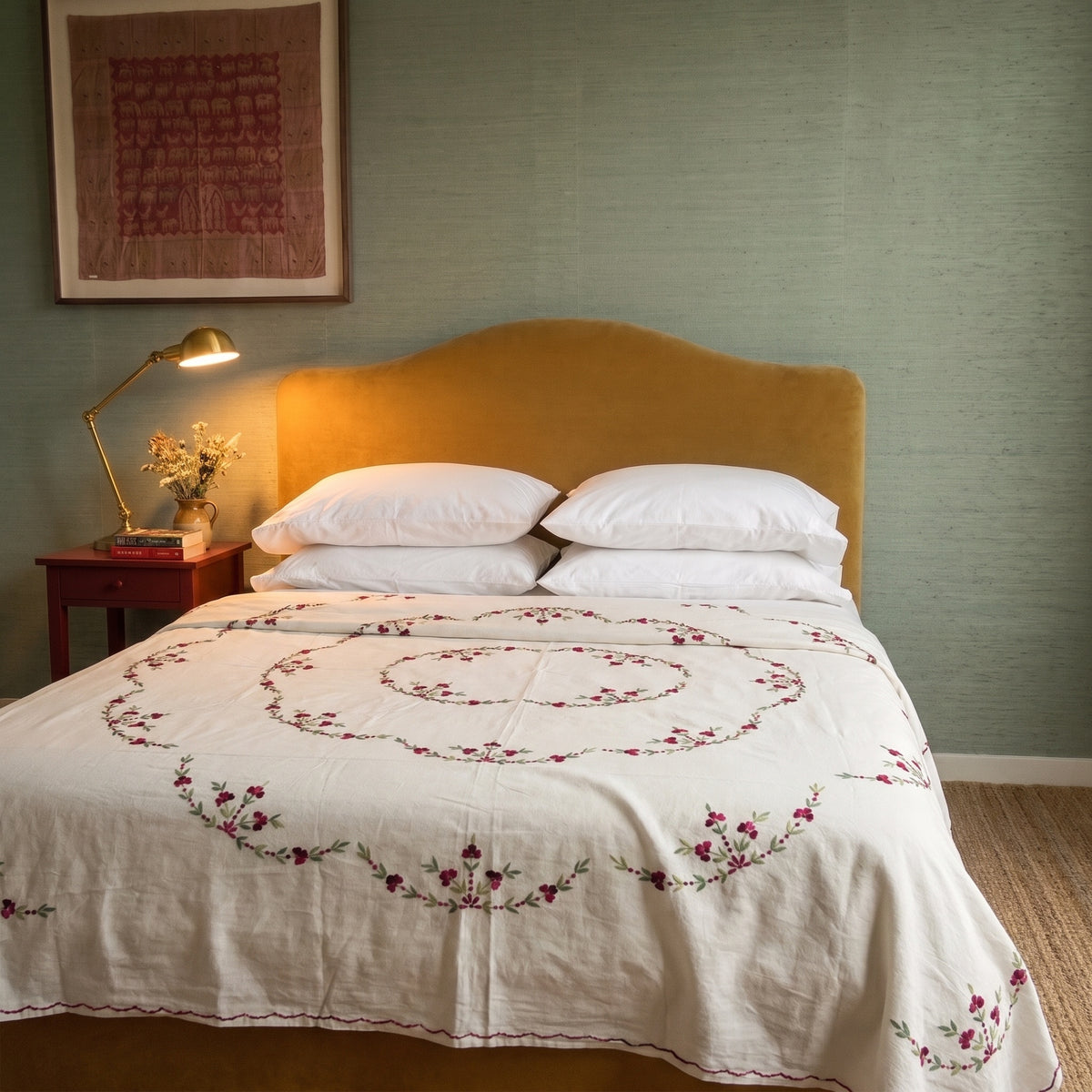 Dawn Sky Embroidered Cotton Queen Bedspread