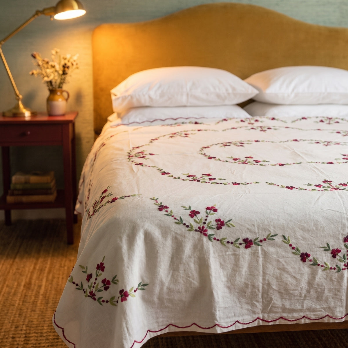 Dawn Sky Embroidered Cotton Queen Bedspread