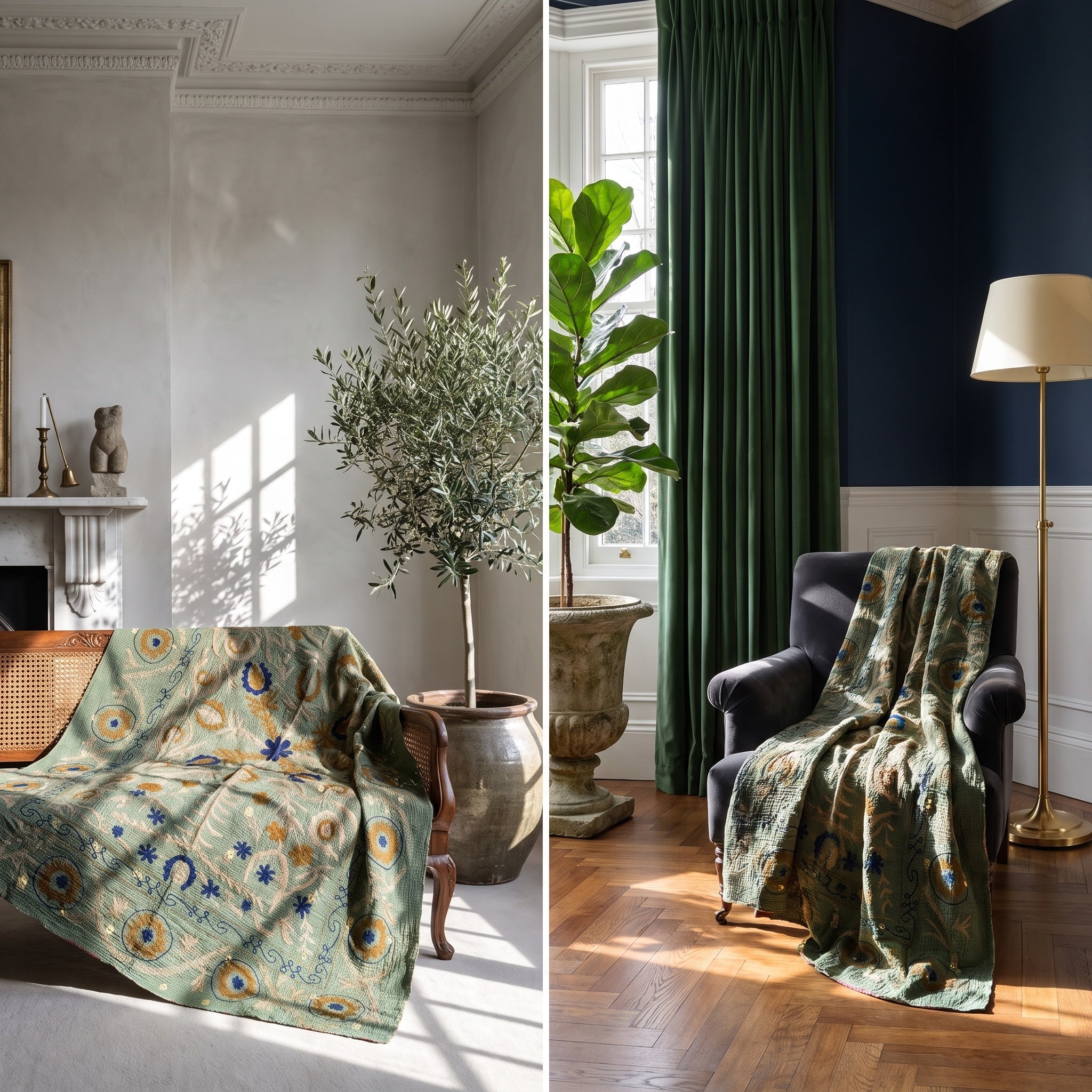 Whisper Fern Luxury Vintage Suzani Kantha Throw