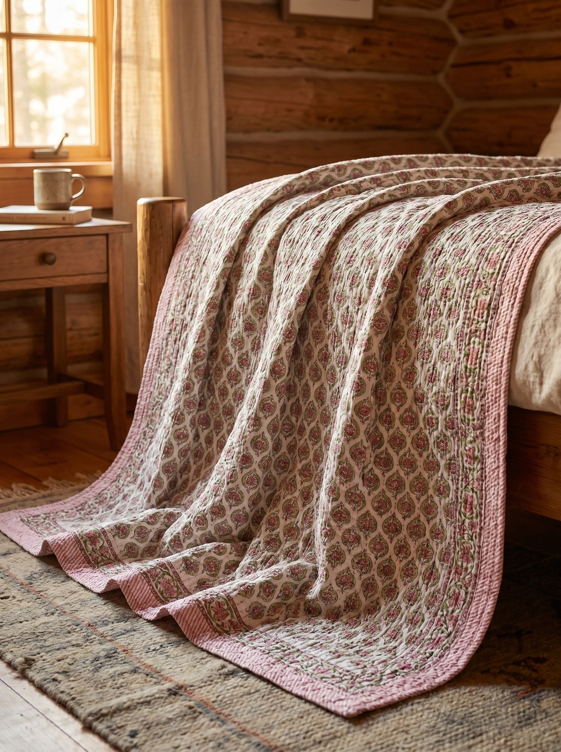 Stone Terracotta Handmade Kantha Bedsheet