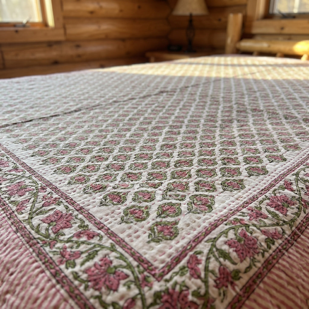 Stone Terracotta Handmade Kantha Queen Bedsheet