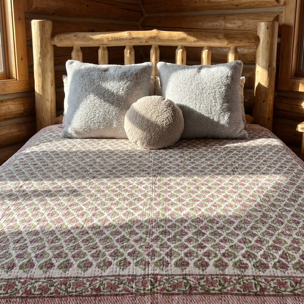 Stone Terracotta Handmade Kantha Queen Bedsheet