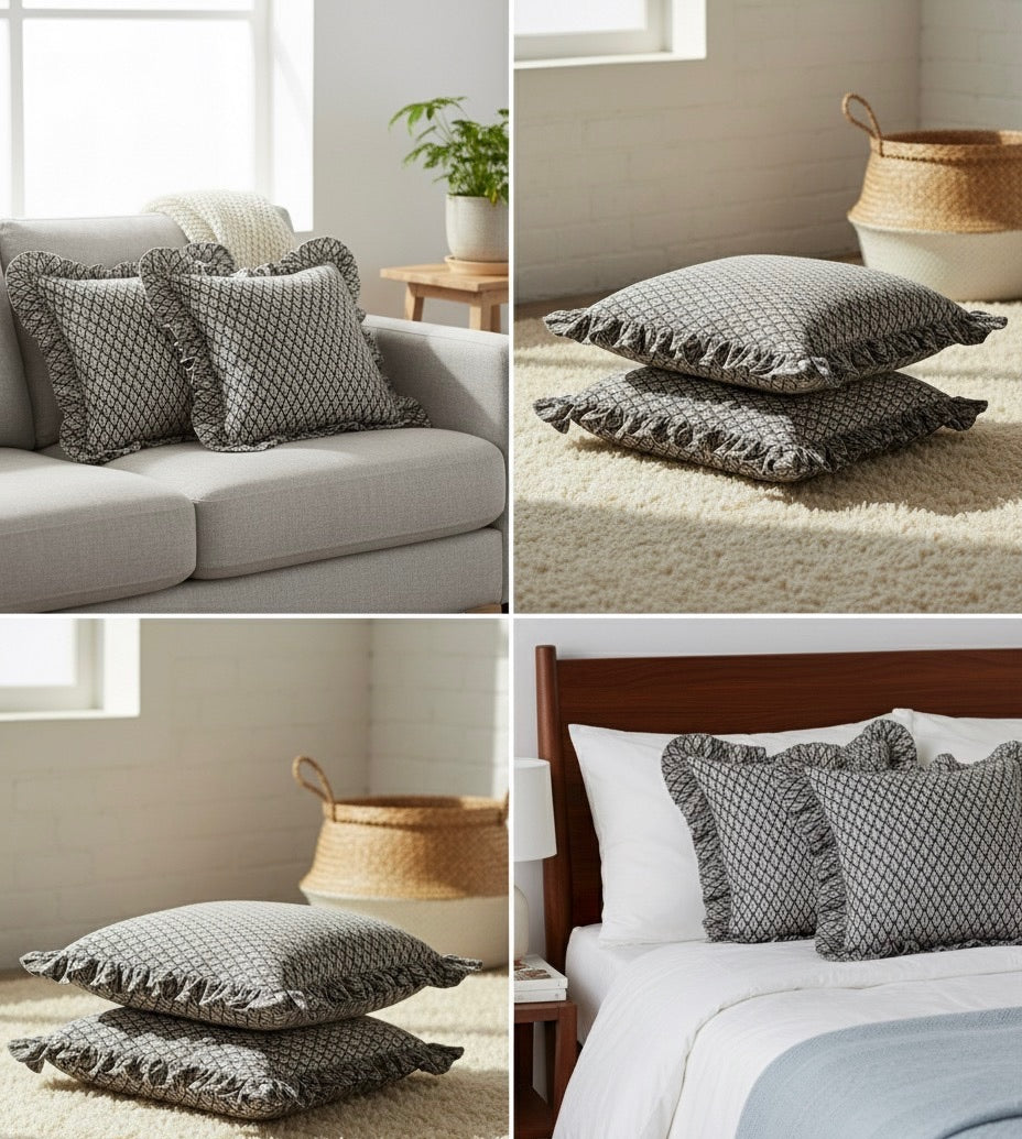 Midnight Petal Ruffled Cotton Cushion Cover