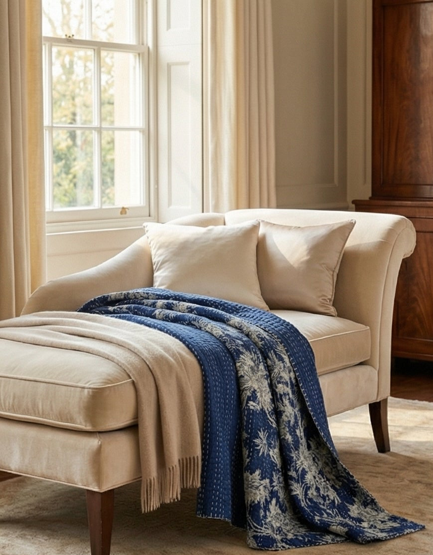 Indigo Wild Orchid Cotton Hand-Made Kantha Throw Blanket