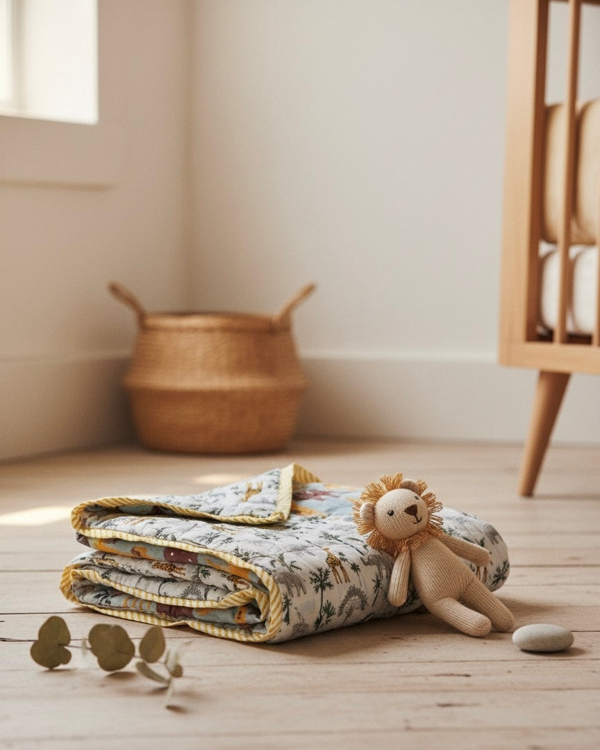 Tippy Toes and Trunks - 100% cotton Hand Made Artisnal Baby Quilt