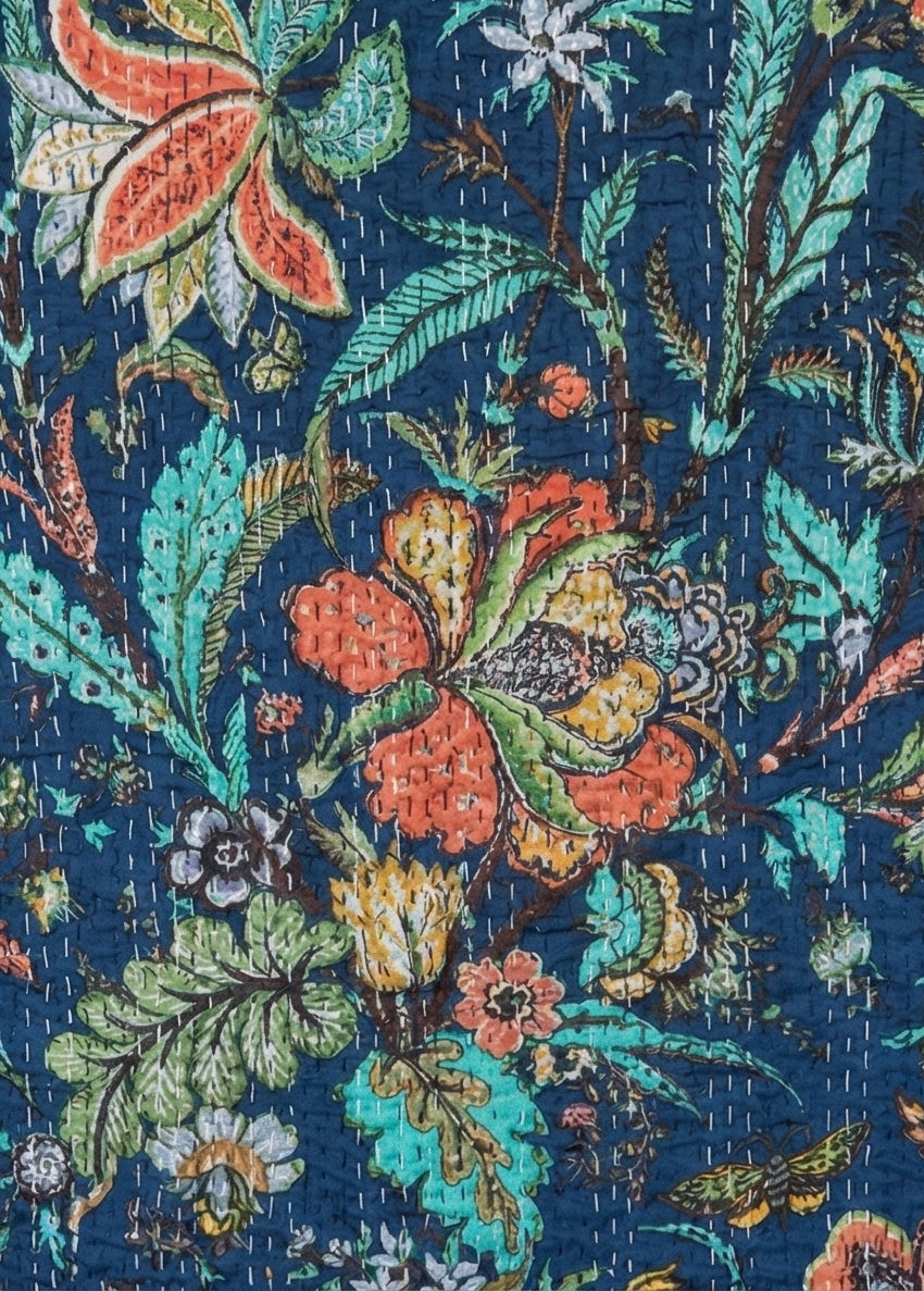 The Midnight Garden Cotton Hand-Made Kantha Throw Blanket