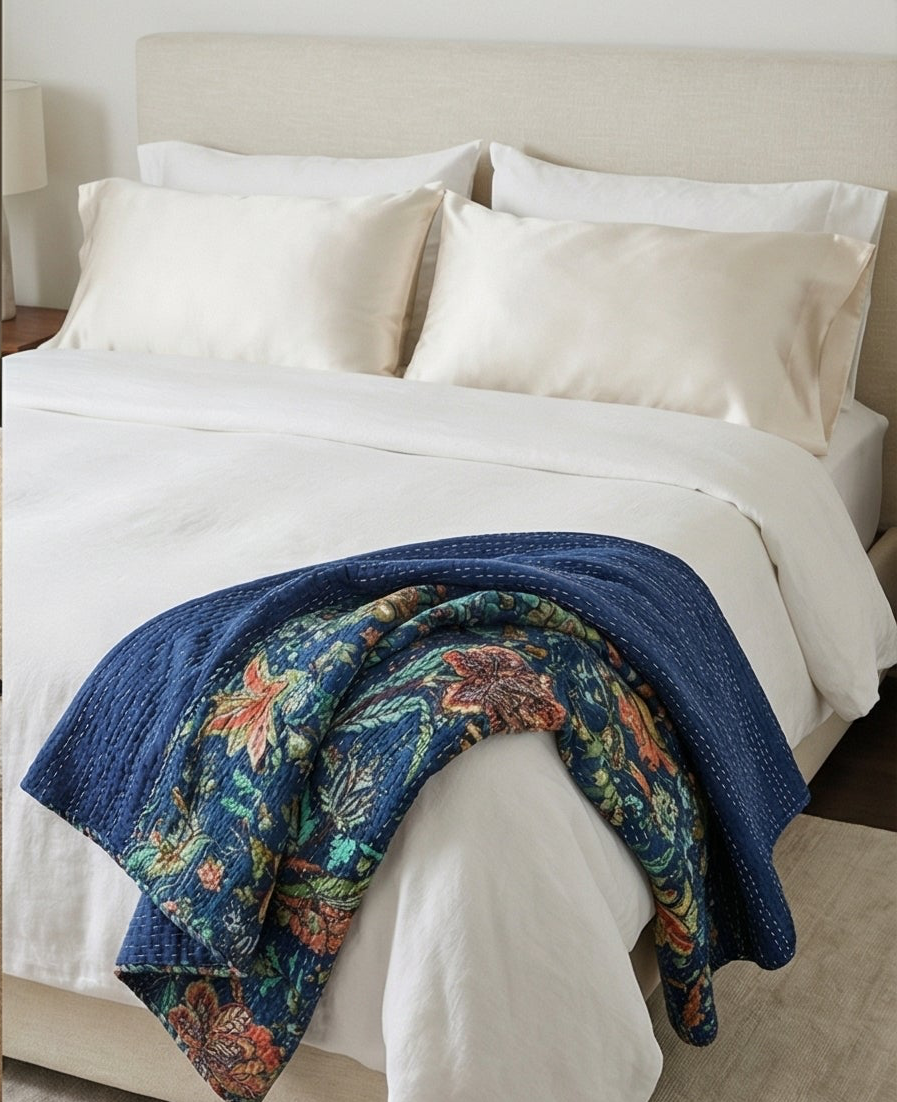 The Midnight Garden Cotton Hand-Made Kantha Throw Blanket