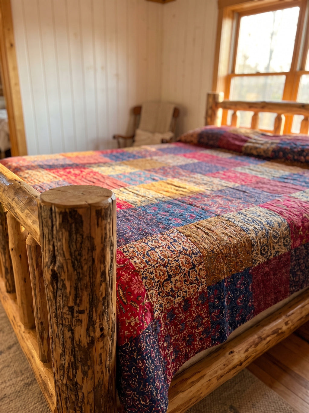 Moonlit Mist Hand blocked Kantha patchwork Bedspread
