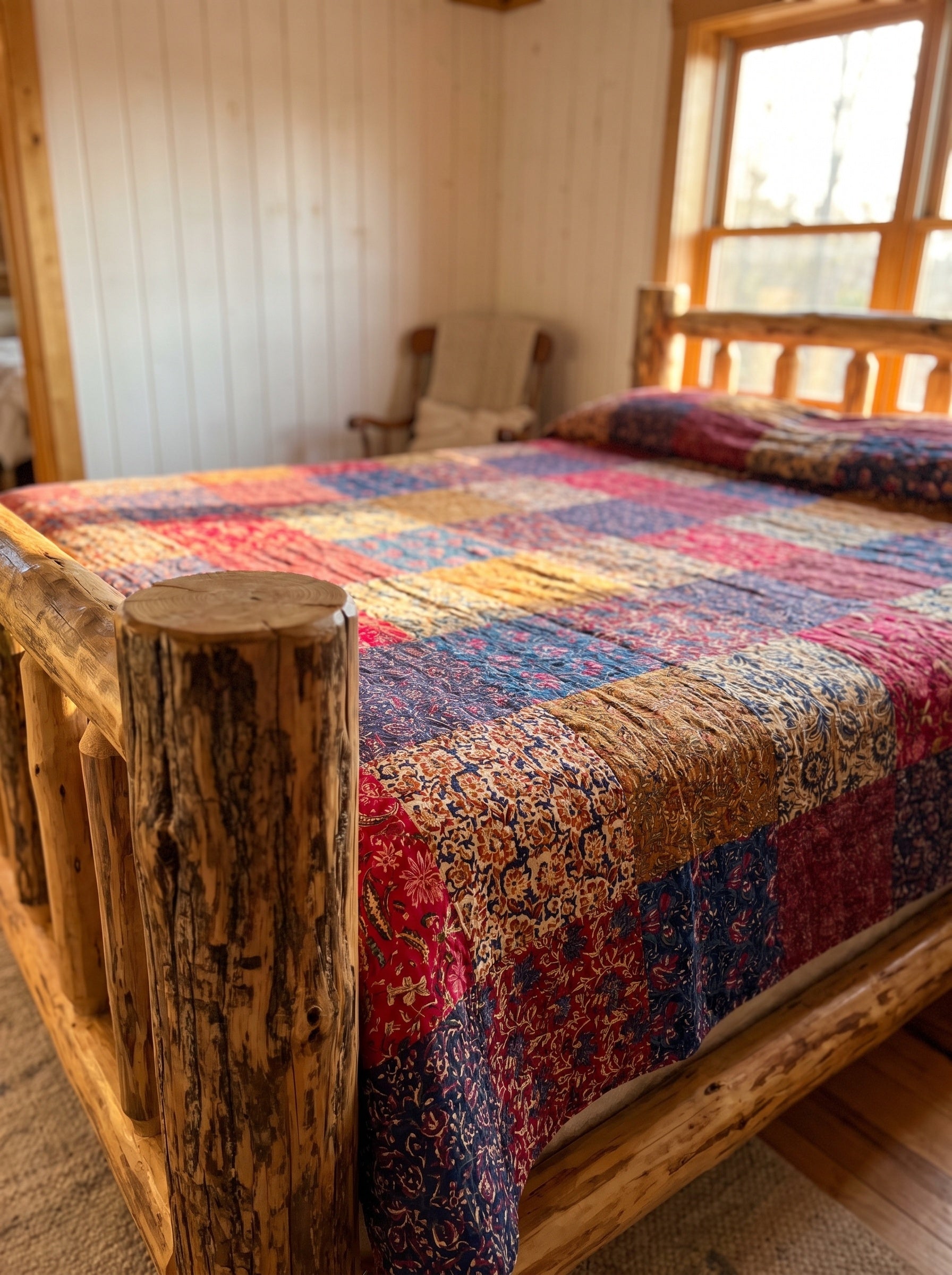 Moonlit Mist Hand blocked Kantha patchwork Bedspread