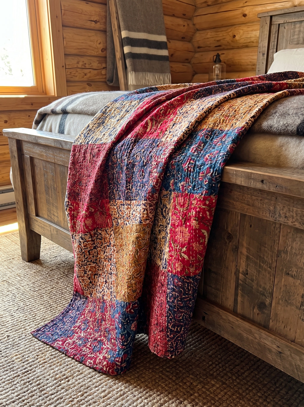 Moonlit Mist Hand blocked Kantha patchwork Bedspread