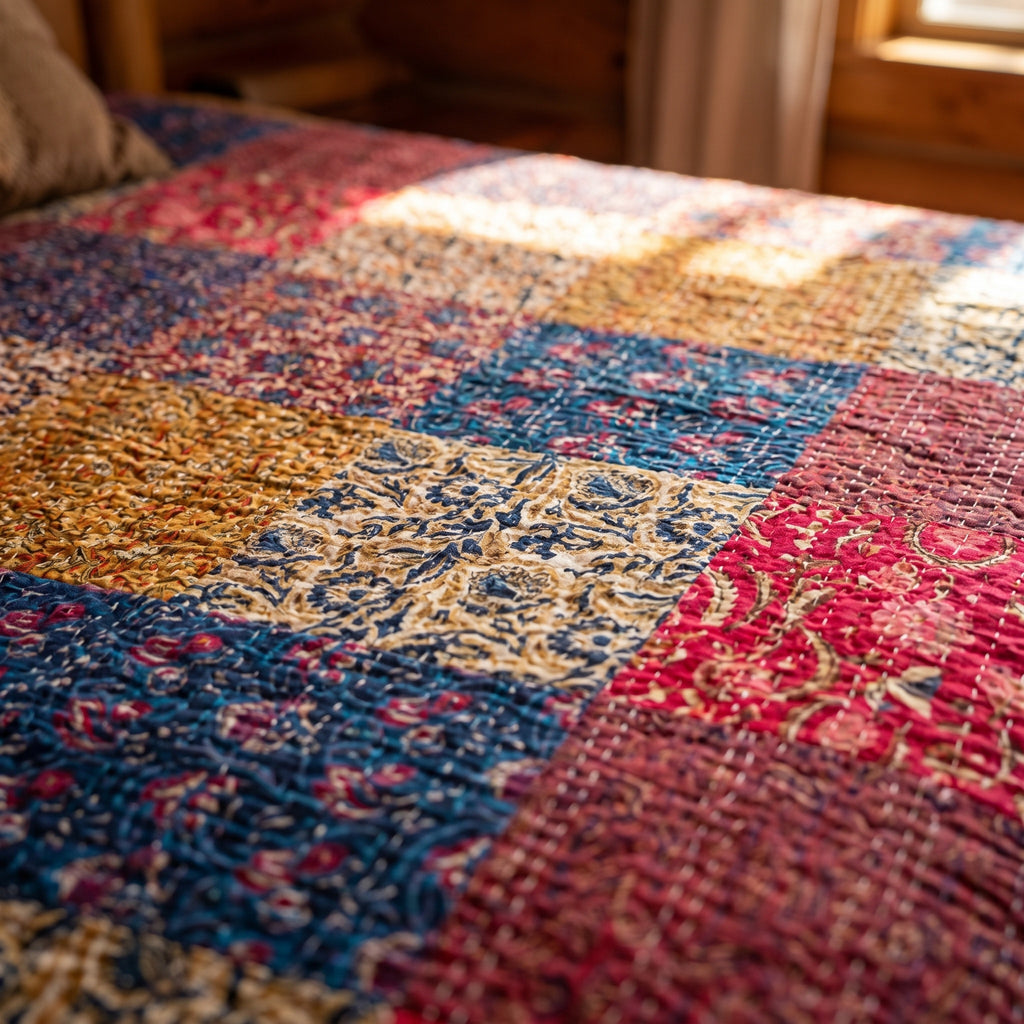 Moonlit Mist Hand blocked Kantha patchwork Bedspread