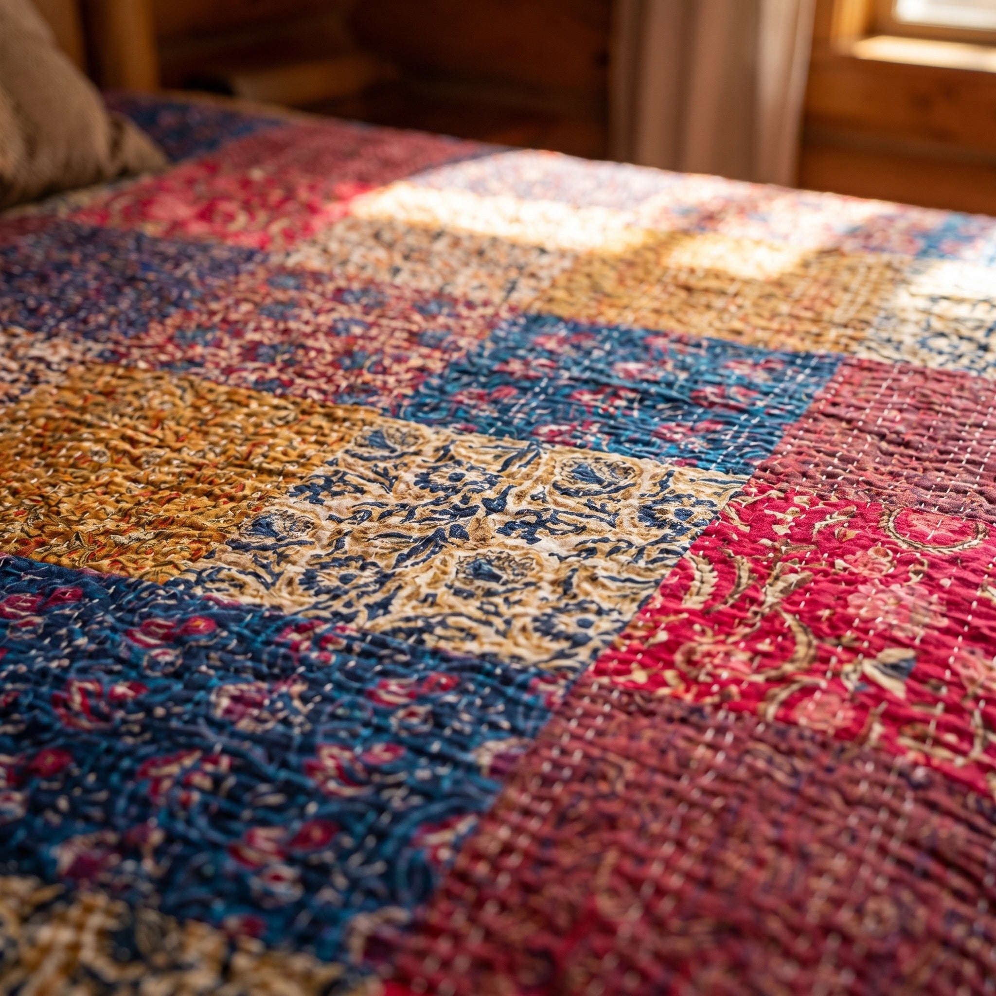 Moonlit Mist Hand blocked Kantha patchwork Bedspread