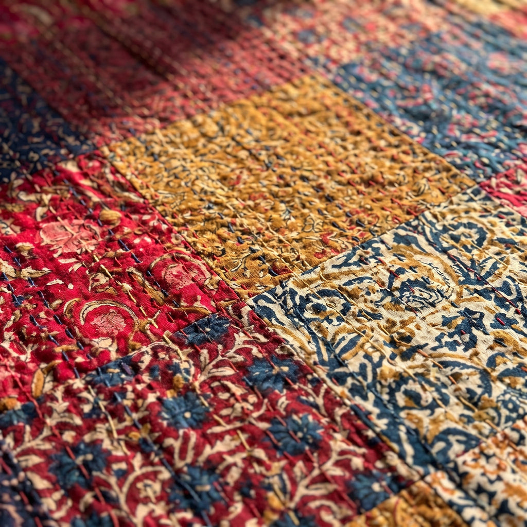 Moonlit Mist Hand blocked Kantha patchwork Bedspread