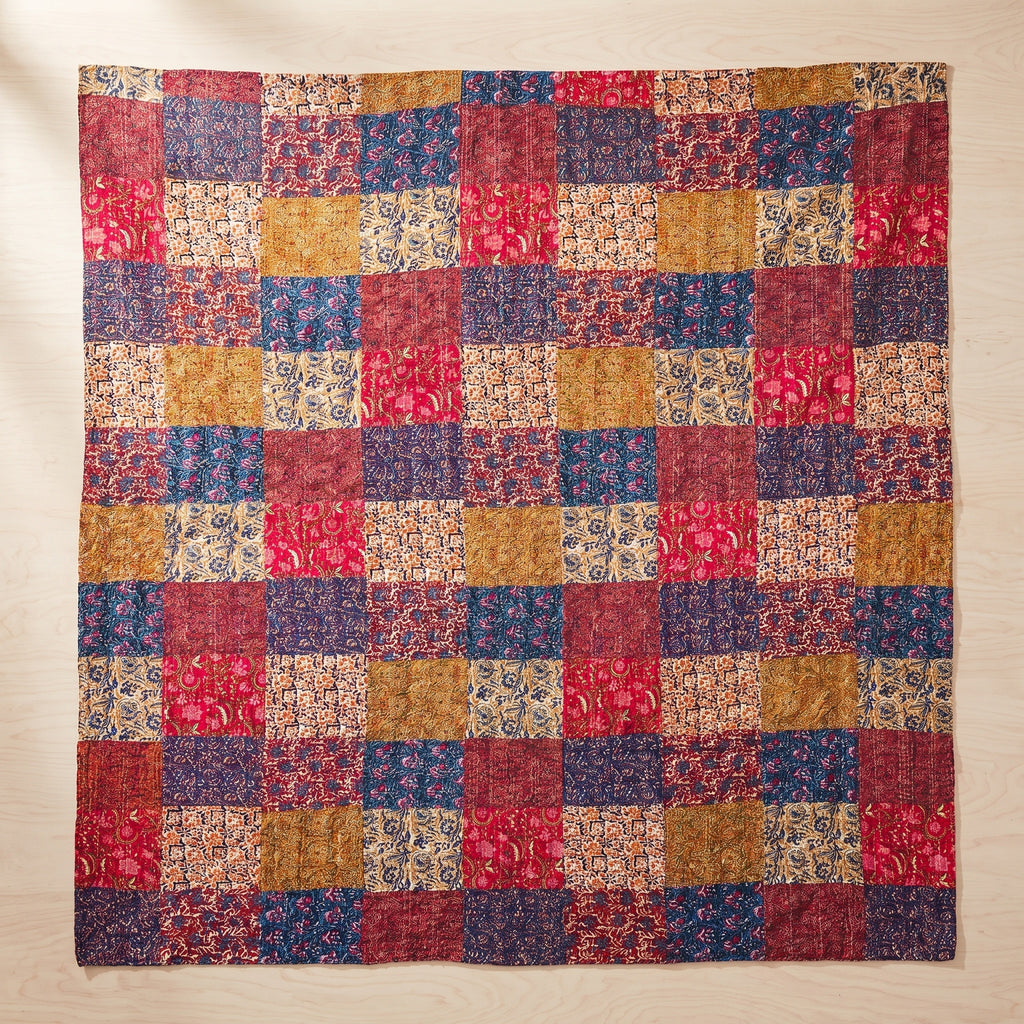 Moonlit Mist Hand blocked Kantha patchwork Bedspread
