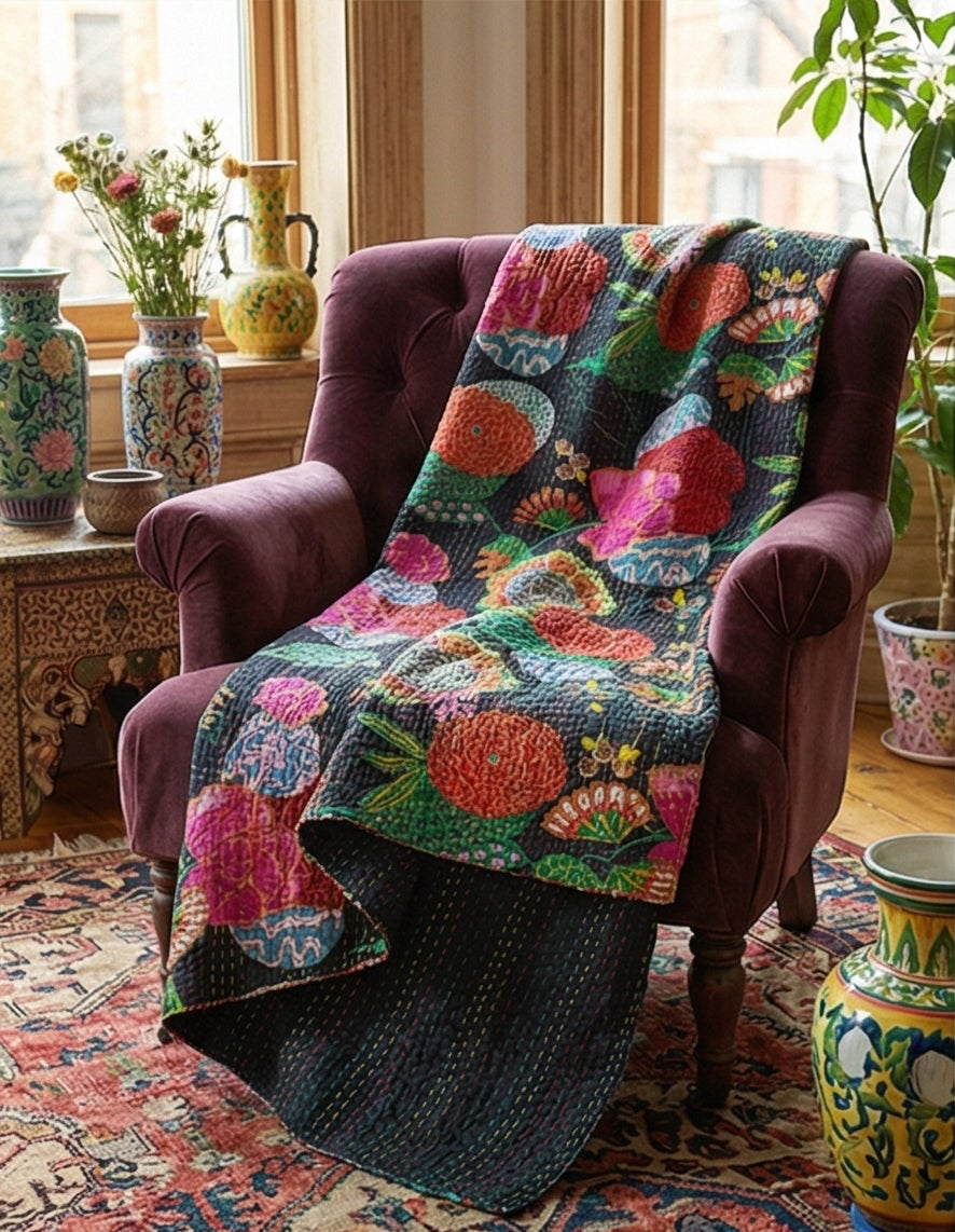 Bengal Rubellite Cotton Hand-Made Kantha Throw Blanket