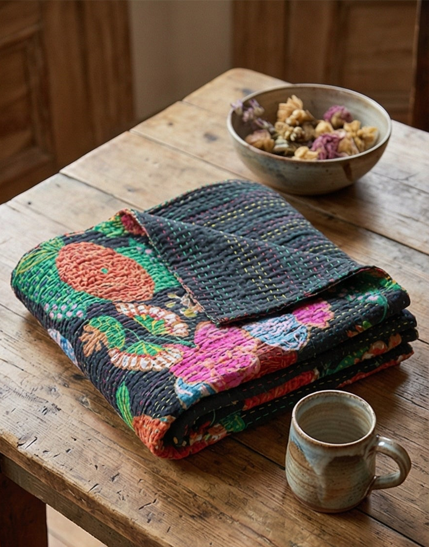 Bengal Rubellite Cotton Hand-Made Kantha Throw Blanket
