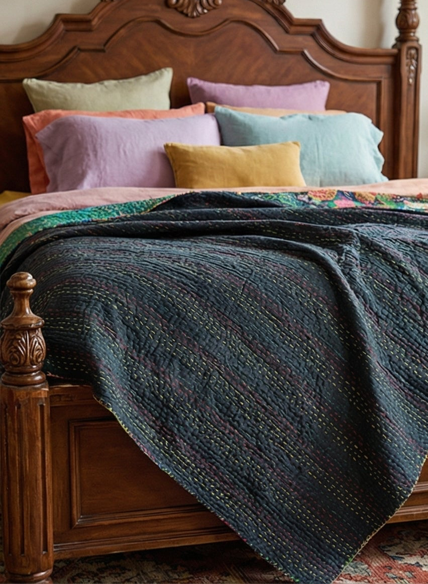 Bengal Rubellite Cotton Hand-Made Kantha Throw Blanket