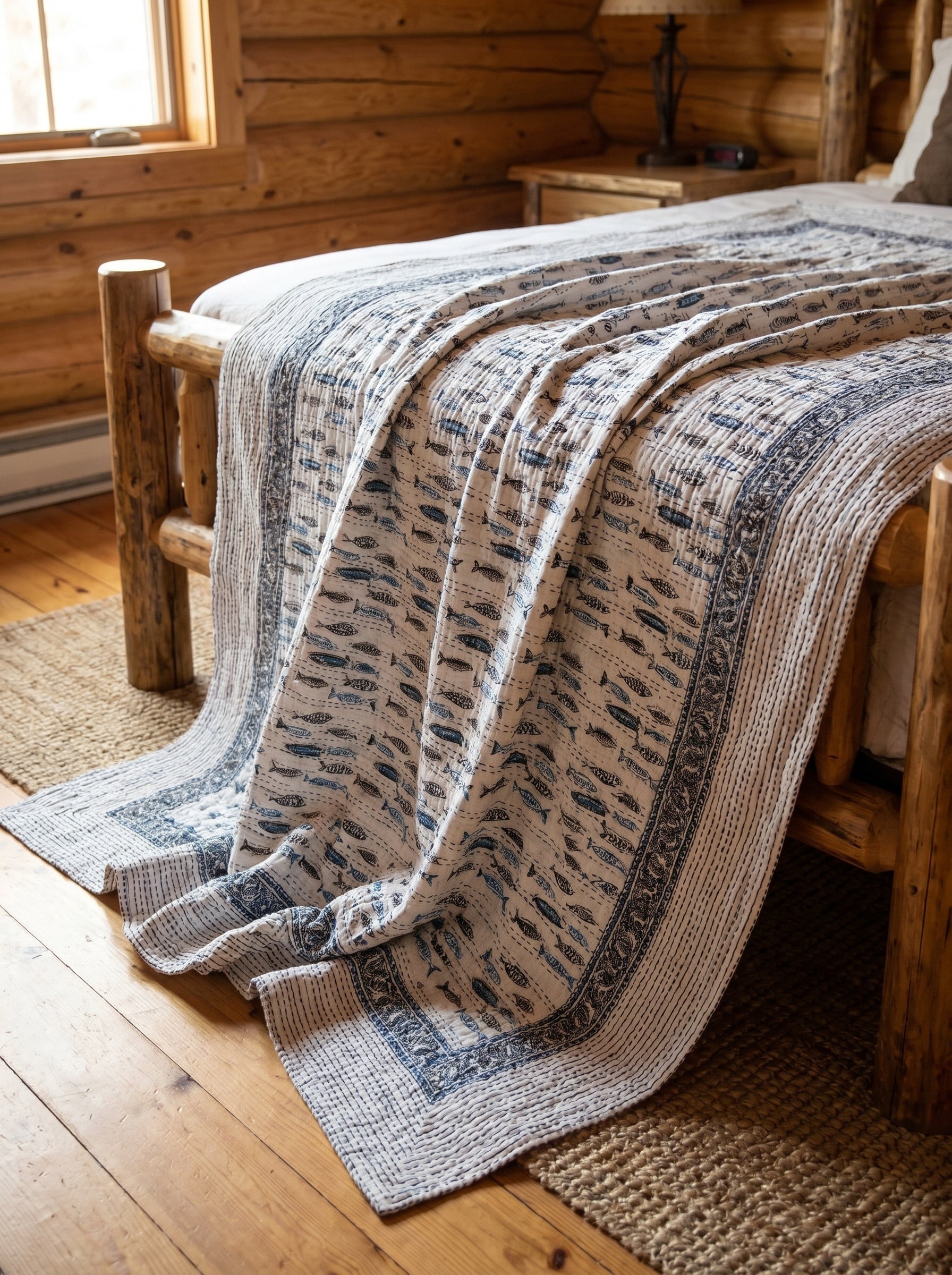 Serene Indigo Handmade Kantha Bedsheet