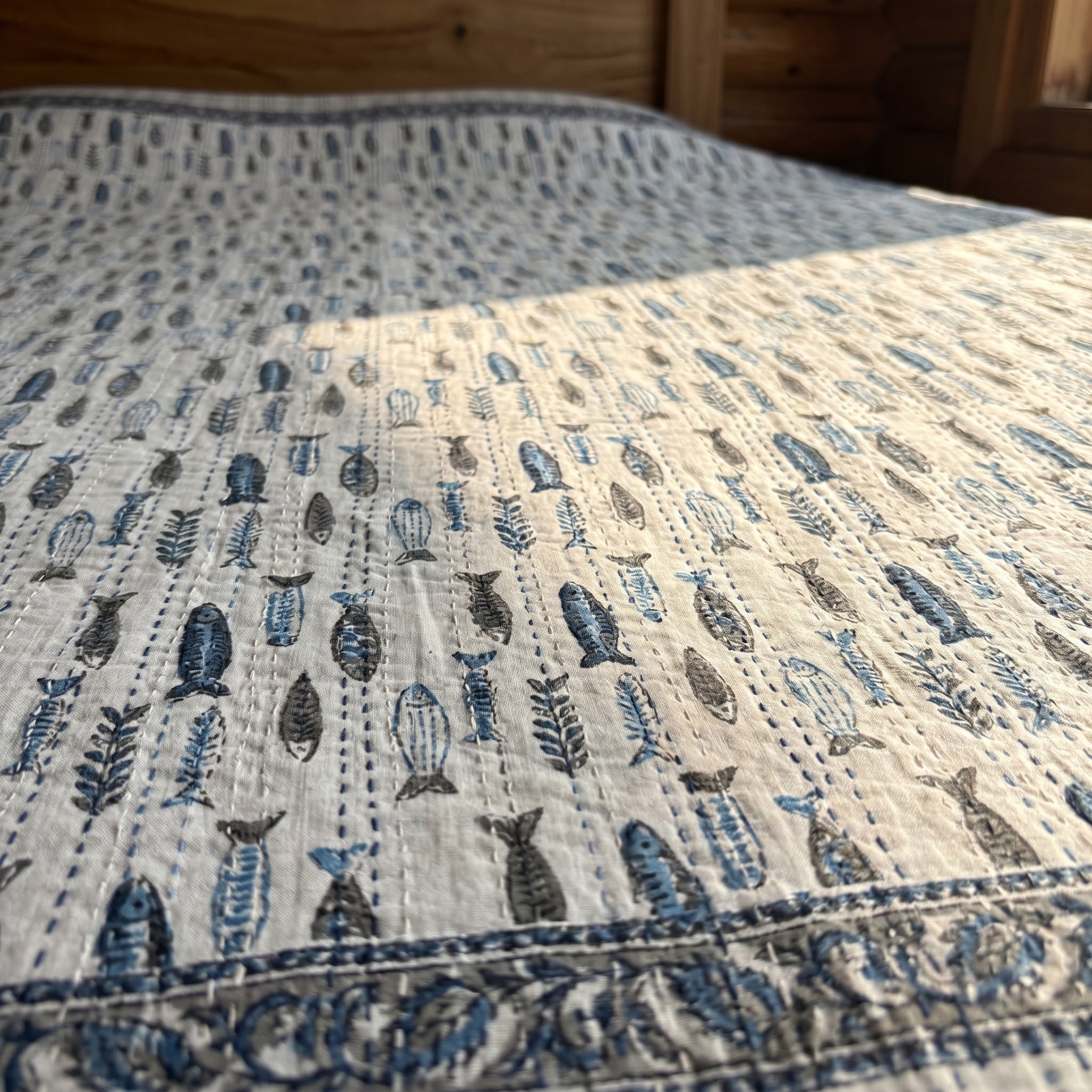 Serene Indigo Handmade Kantha Bedsheet