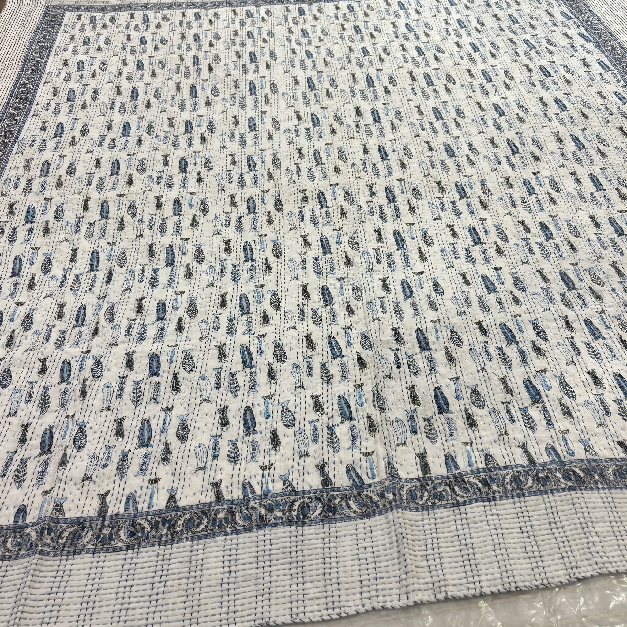 Serene Indigo Handmade Kantha Bedsheet