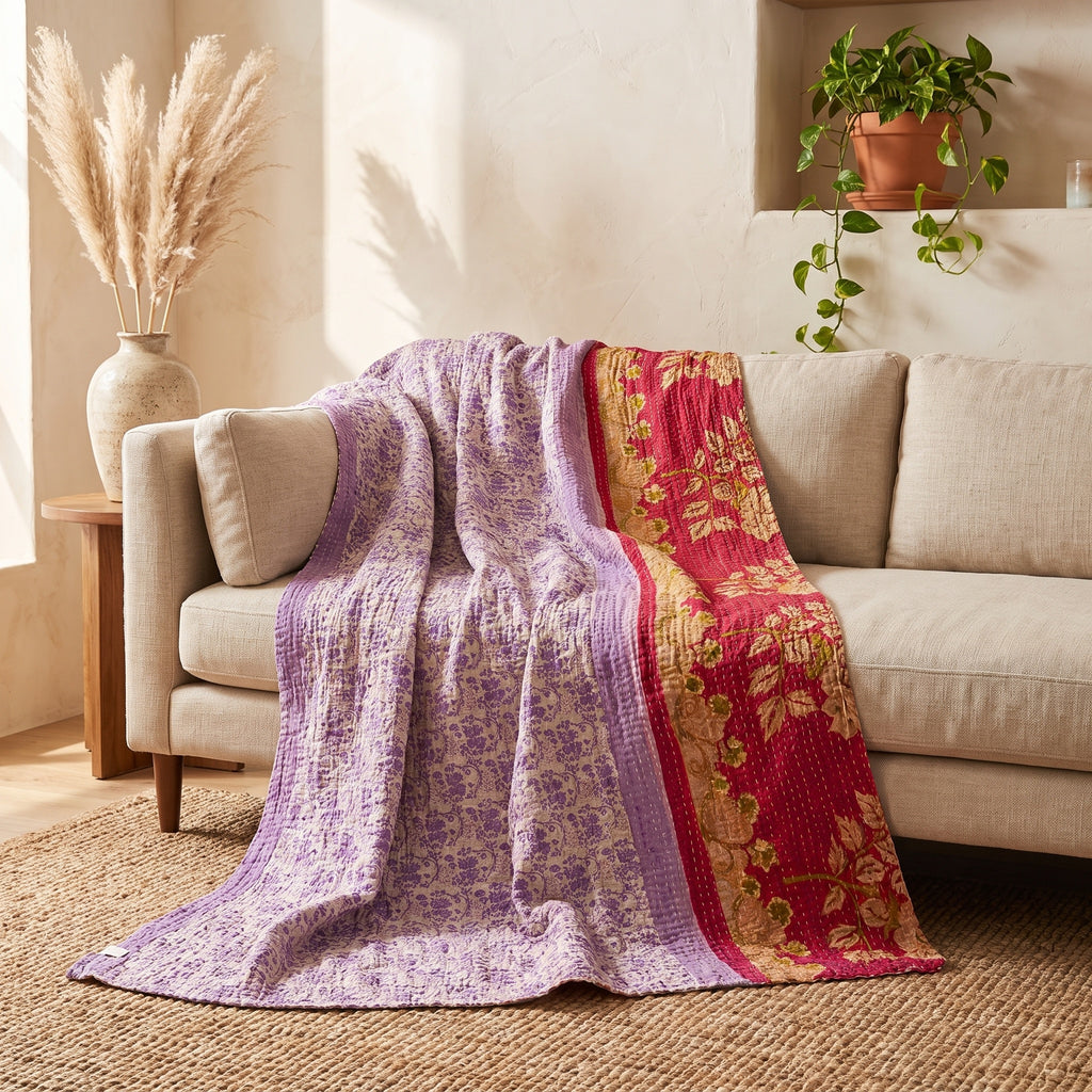 Jeté de kantha en coton vintage Serene Mist