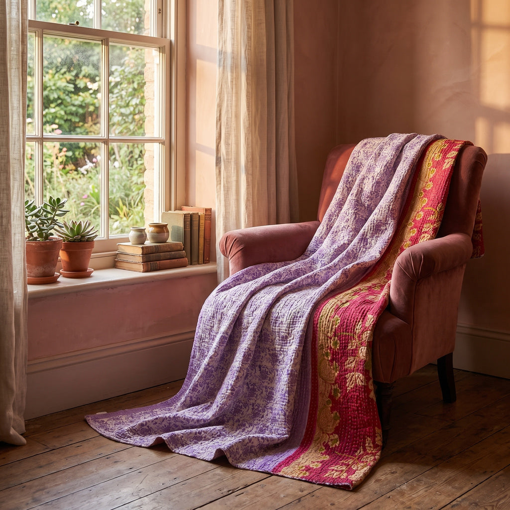 Jeté de kantha en coton vintage Serene Mist