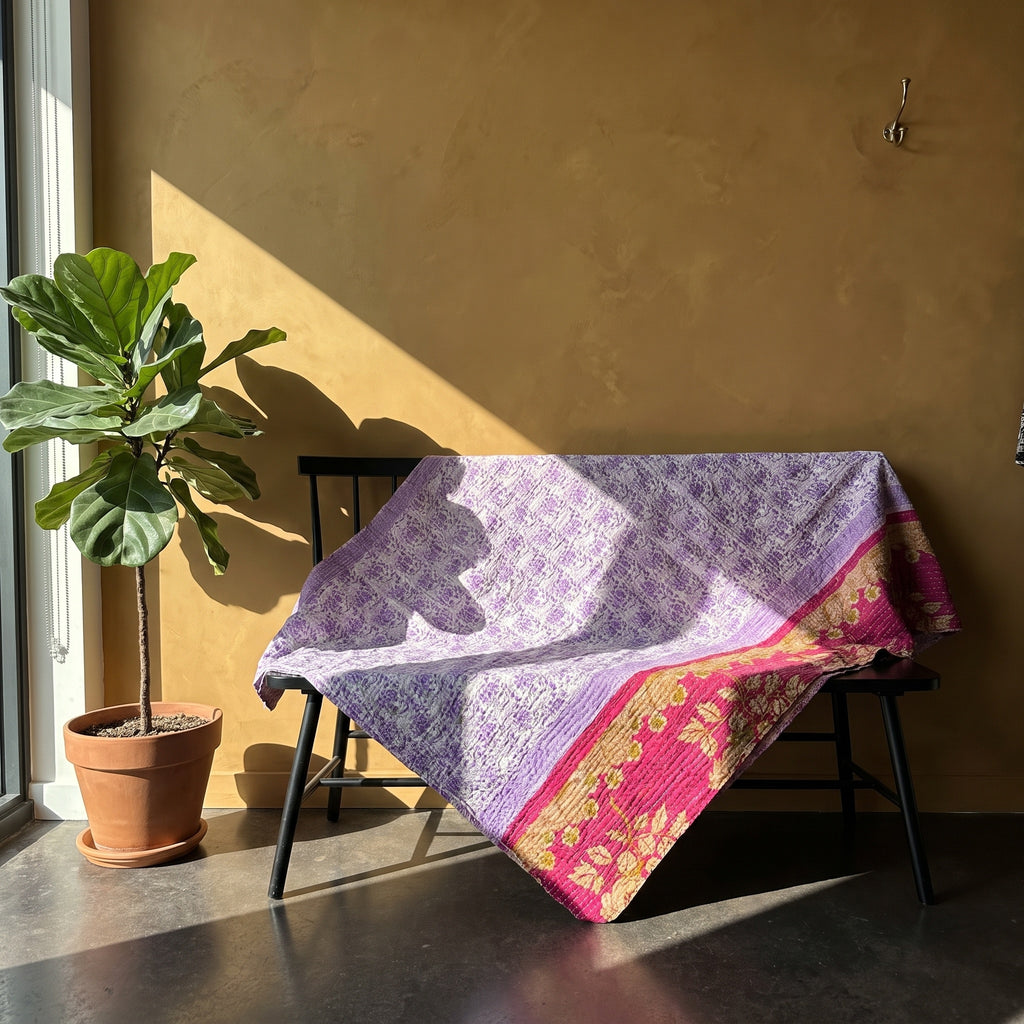 Jeté de kantha en coton vintage Serene Mist