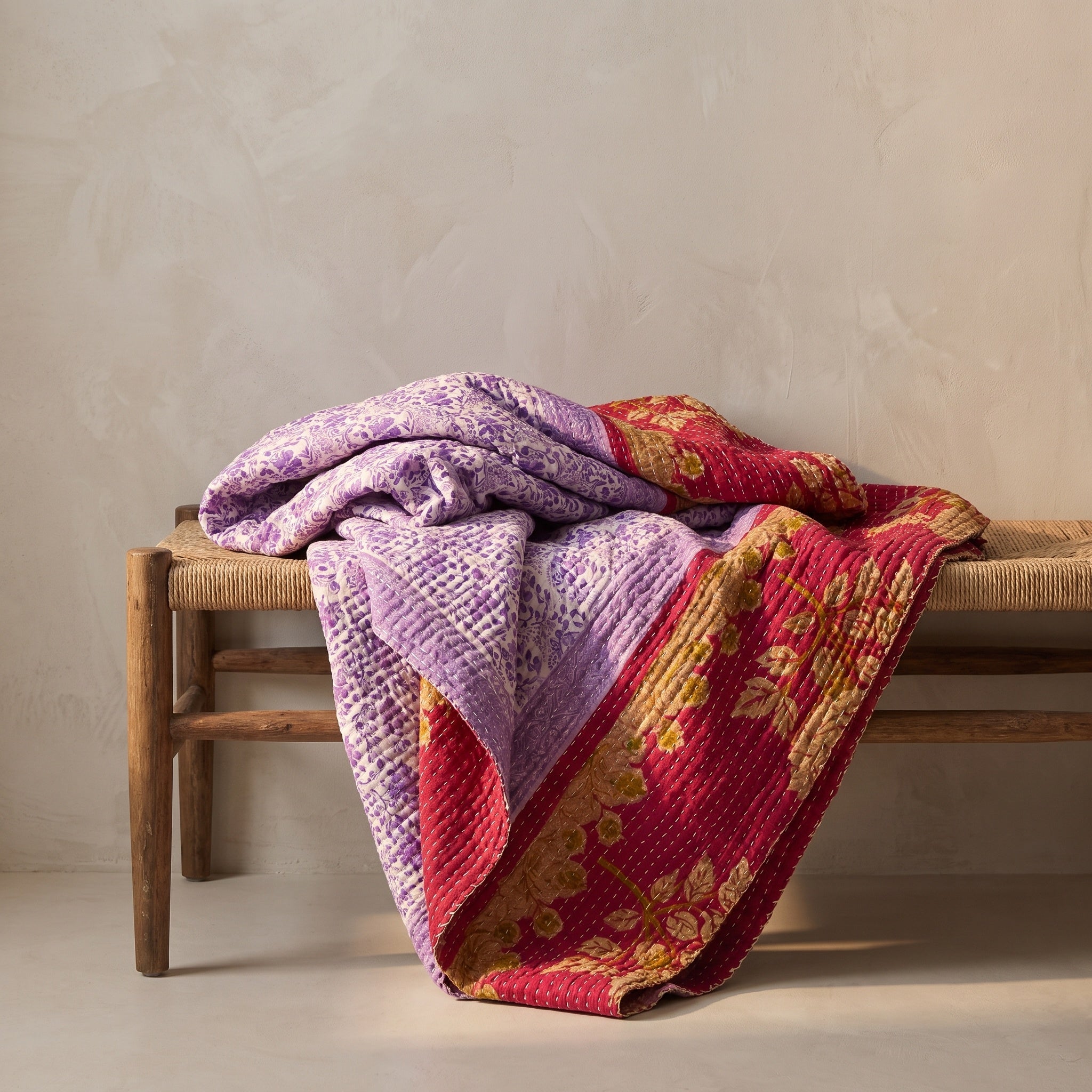 Jeté de kantha en coton vintage Serene Mist