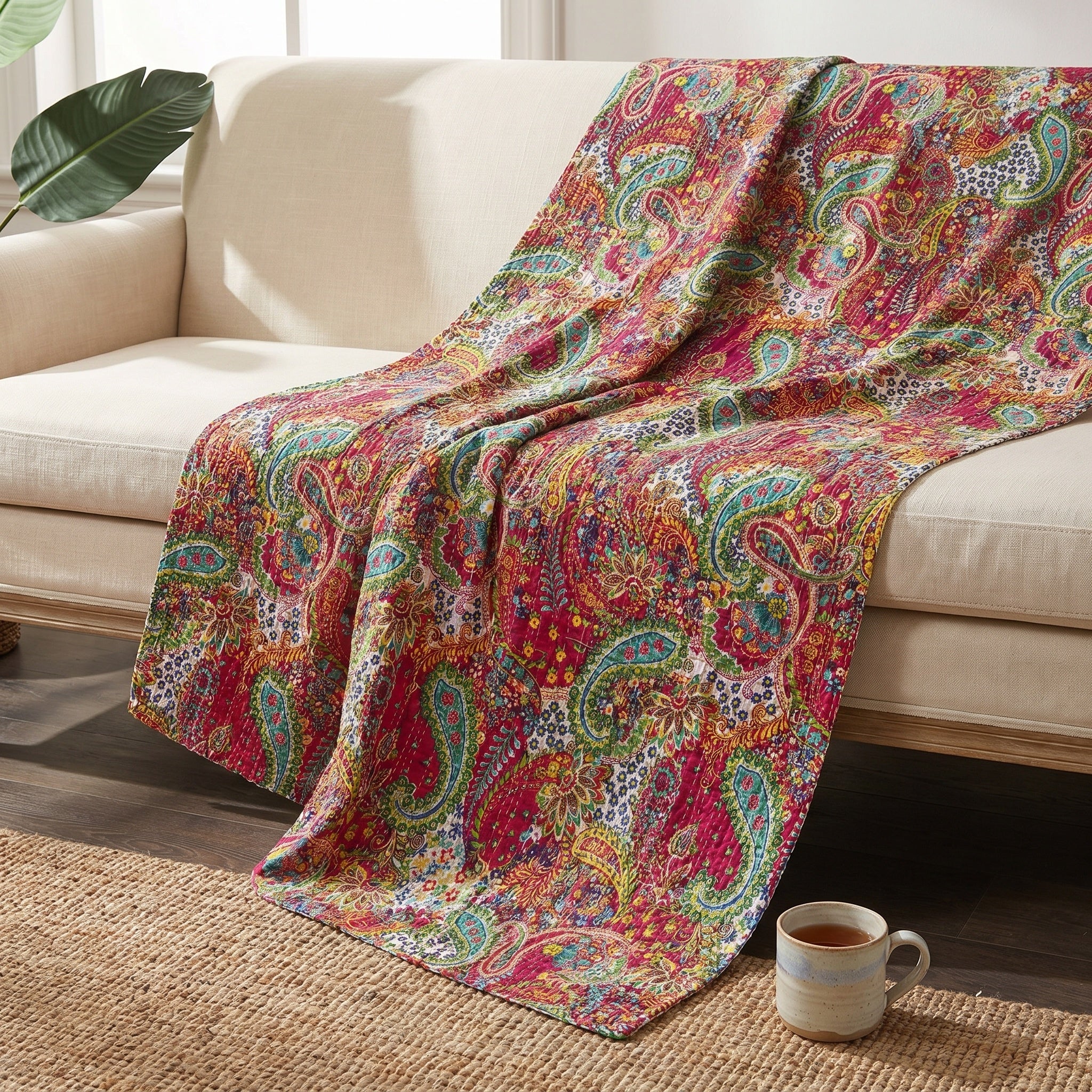 Desert Paisley Cotton Reversible Kantha Throw