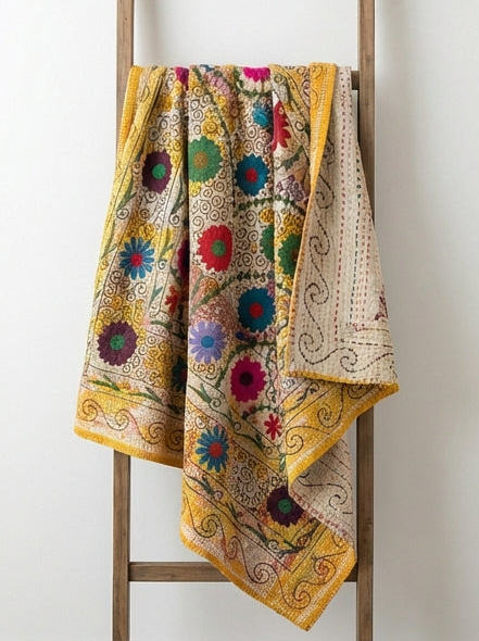 Golden Sunshine Luxury Vintage Suzani Kantha Throw Blanket