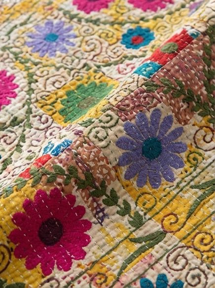 Golden Sunshine Luxury Vintage Suzani Kantha Throw Blanket