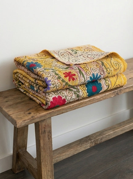 Golden Sunshine Luxury Vintage Suzani Kantha Throw Blanket