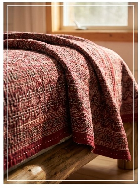 Dreamy Indigo Handmade Kantha Ajrak Queen Bedspread