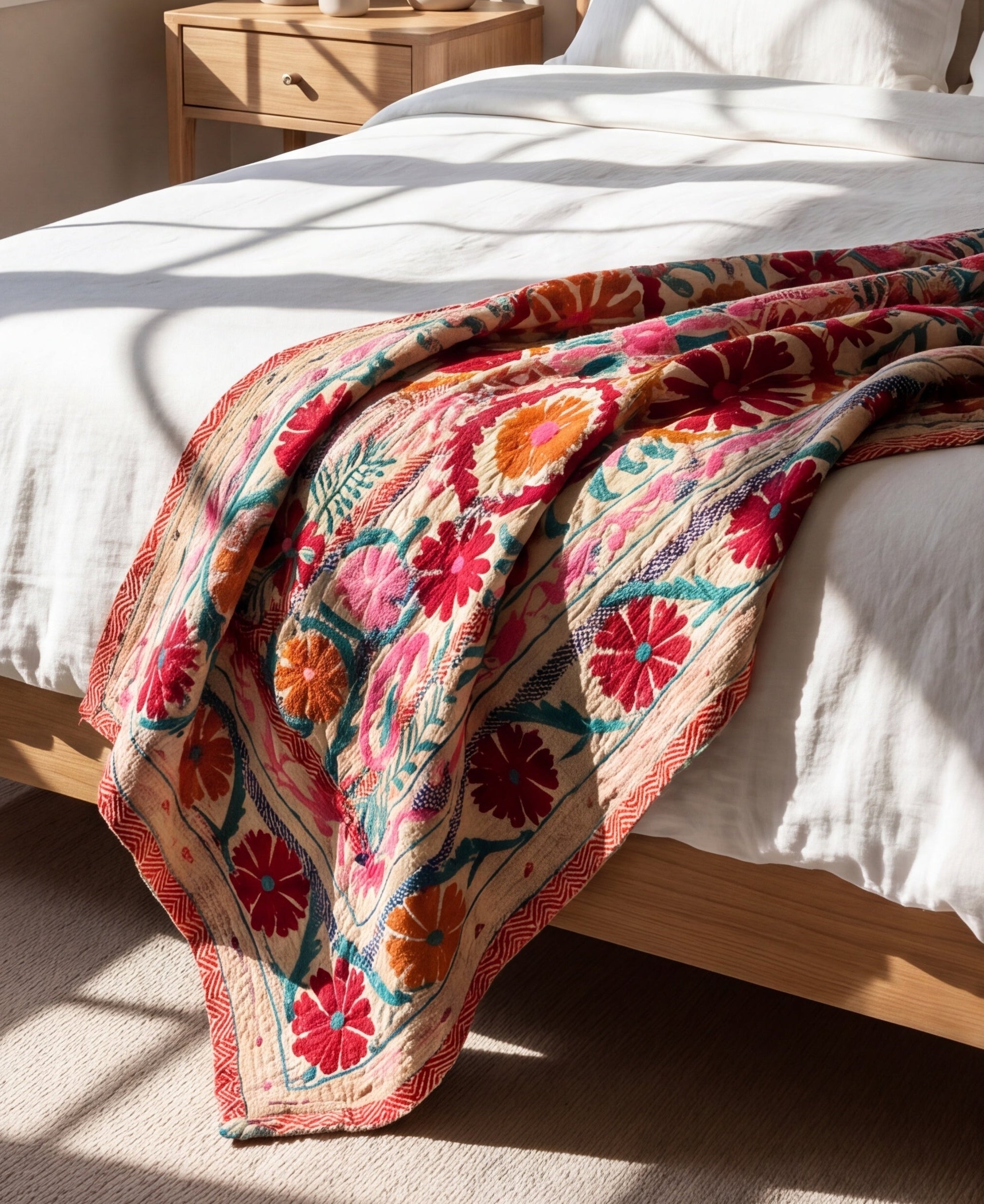 Verdant Fern Luxury Vintage Suzani Kantha Throw