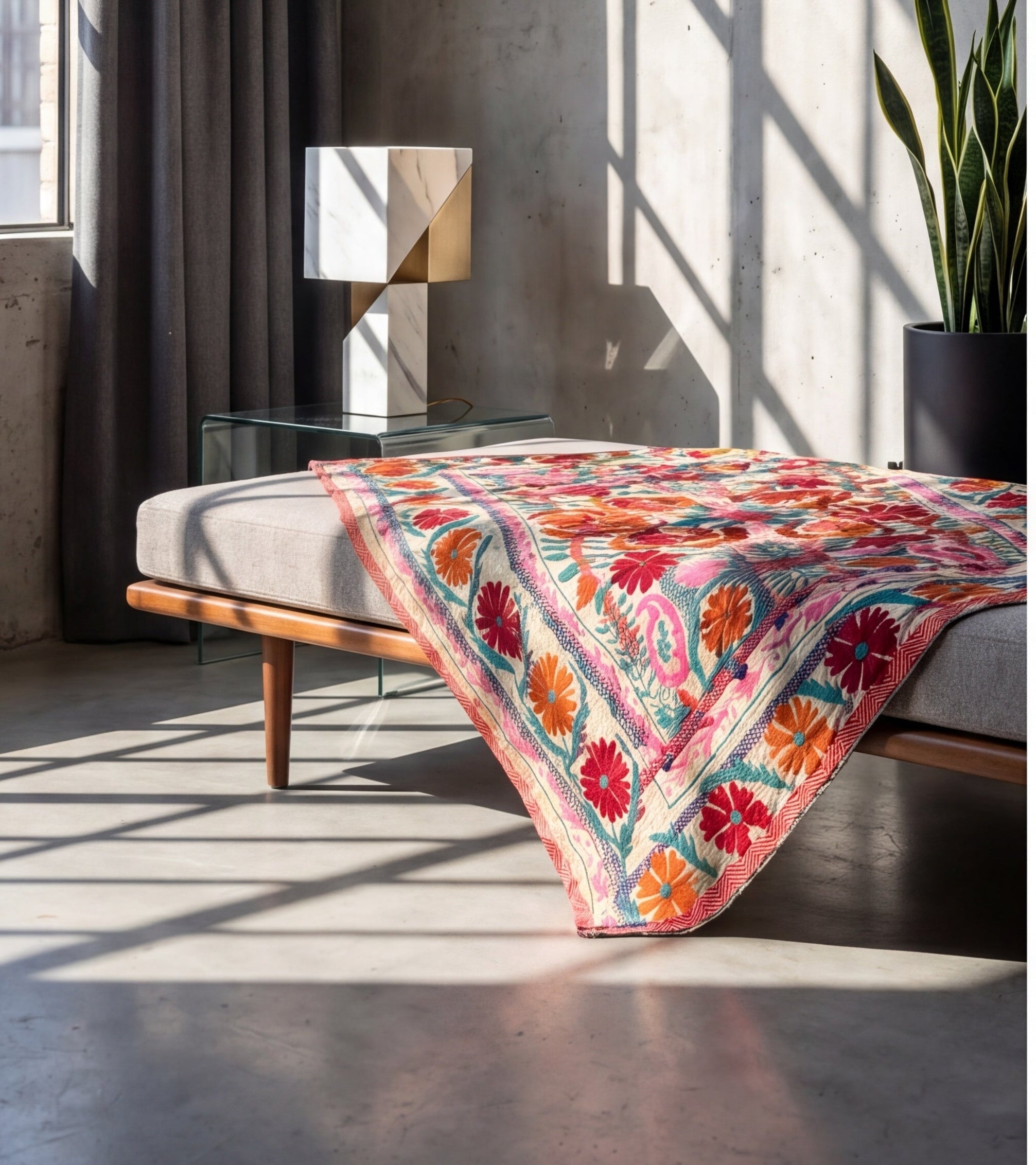 Verdant Fern Luxury Vintage Suzani Kantha Throw
