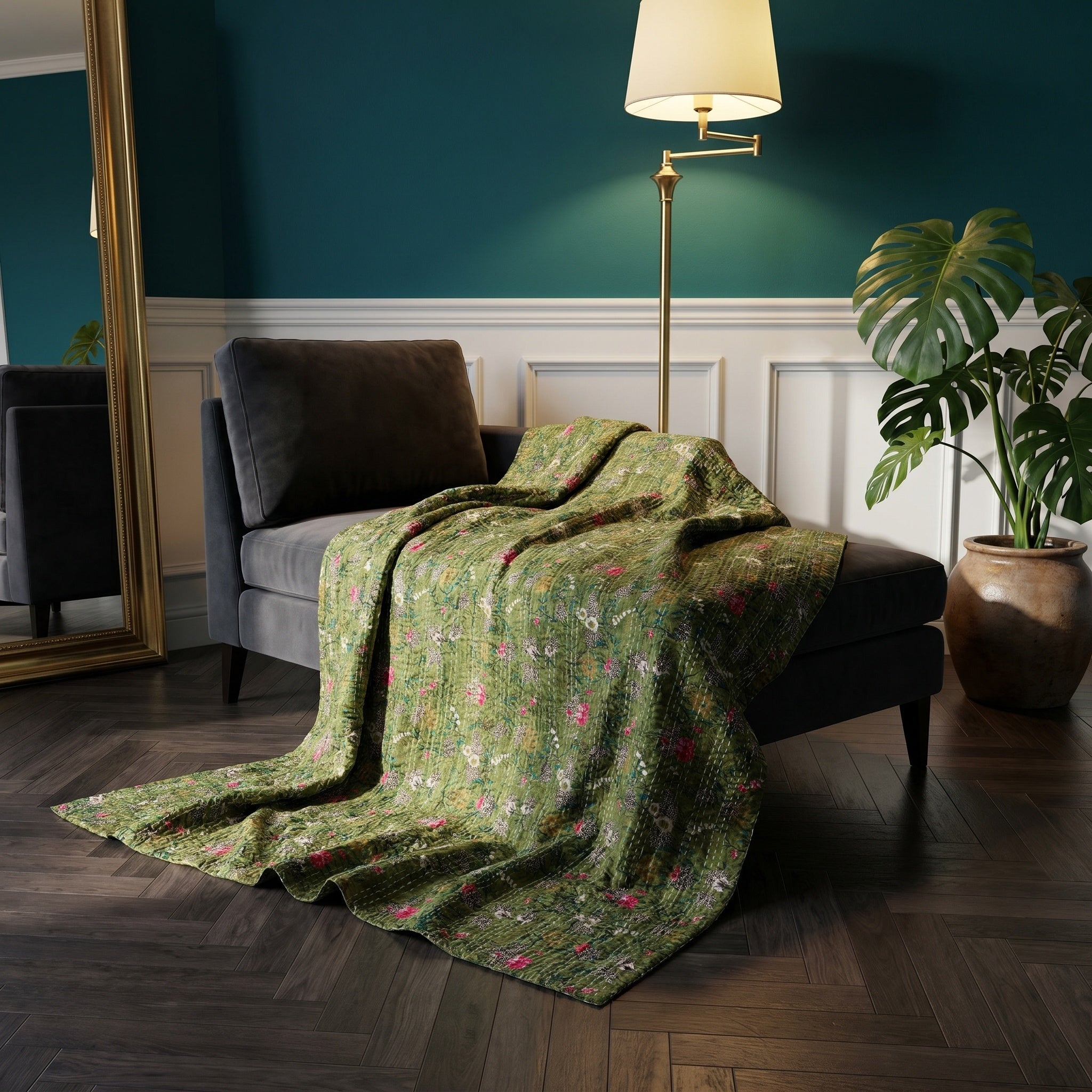 Zen Fern Cotton Reversible Kantha Throw