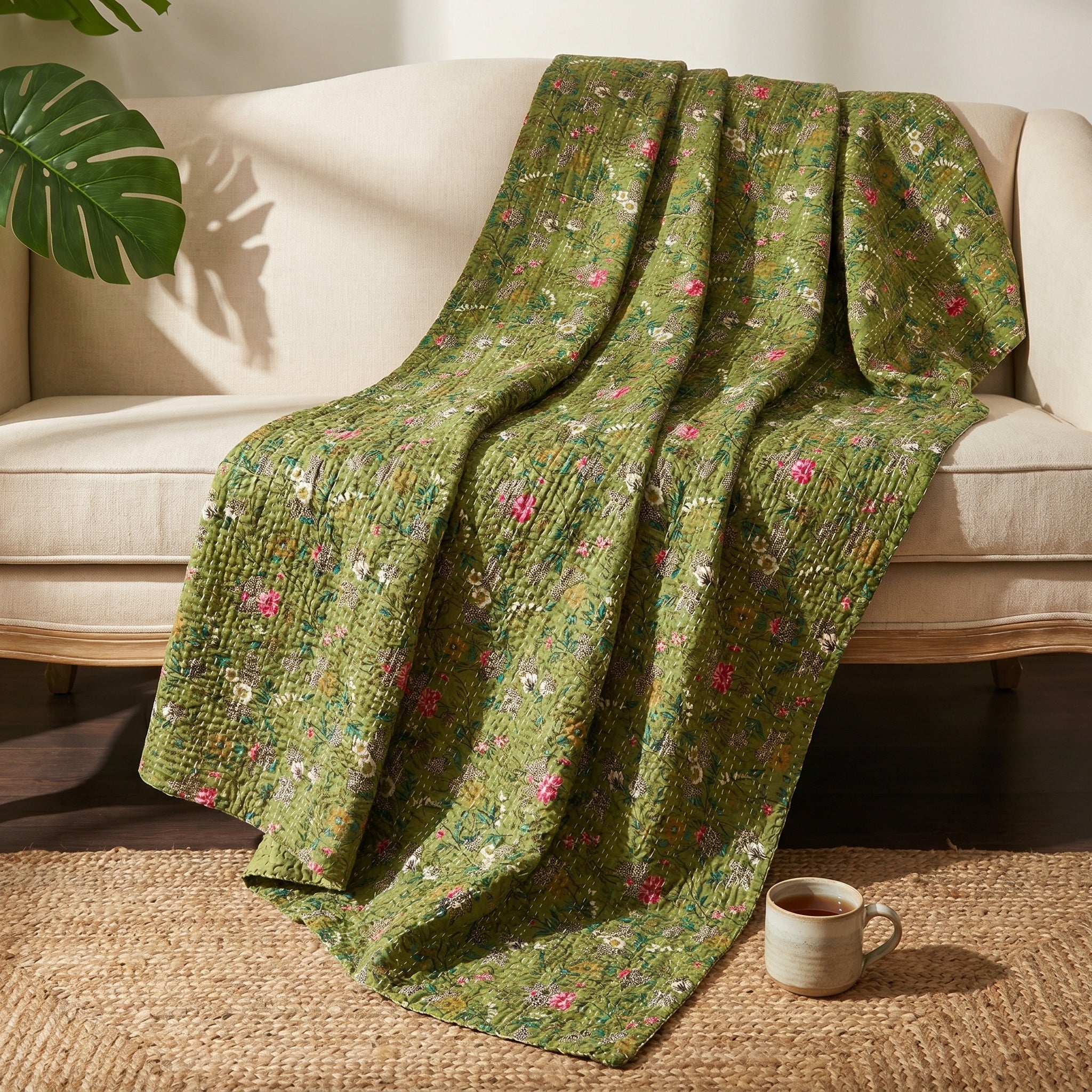 Zen Fern Cotton Reversible Kantha Throw