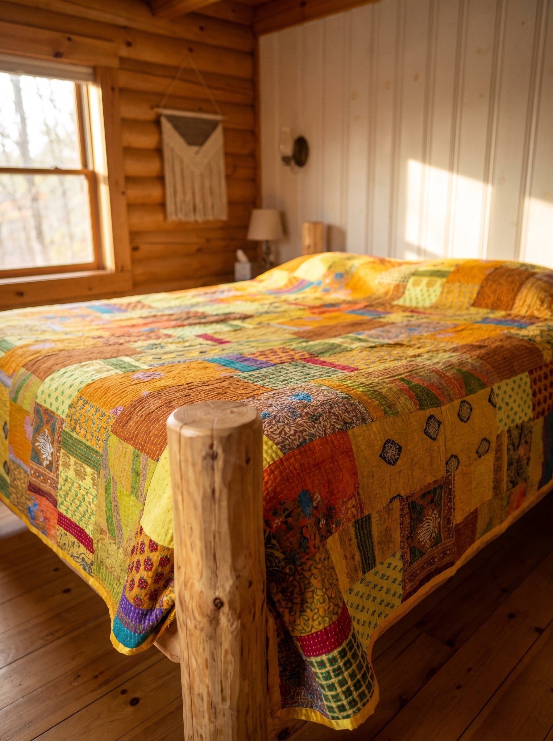 Crimson Mist Handmade Patola Kantha Queen Bedspread