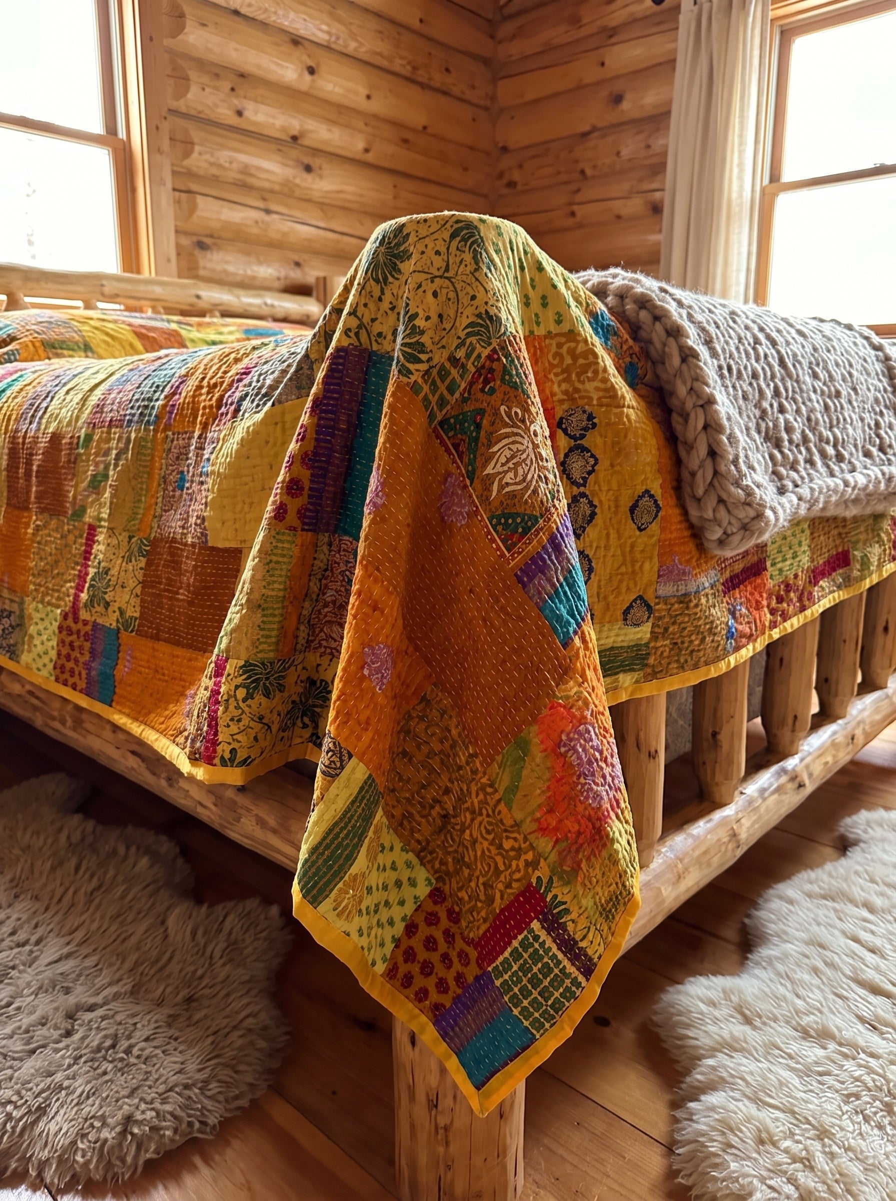 Crimson Mist Handmade Patola Kantha Queen Bedspread