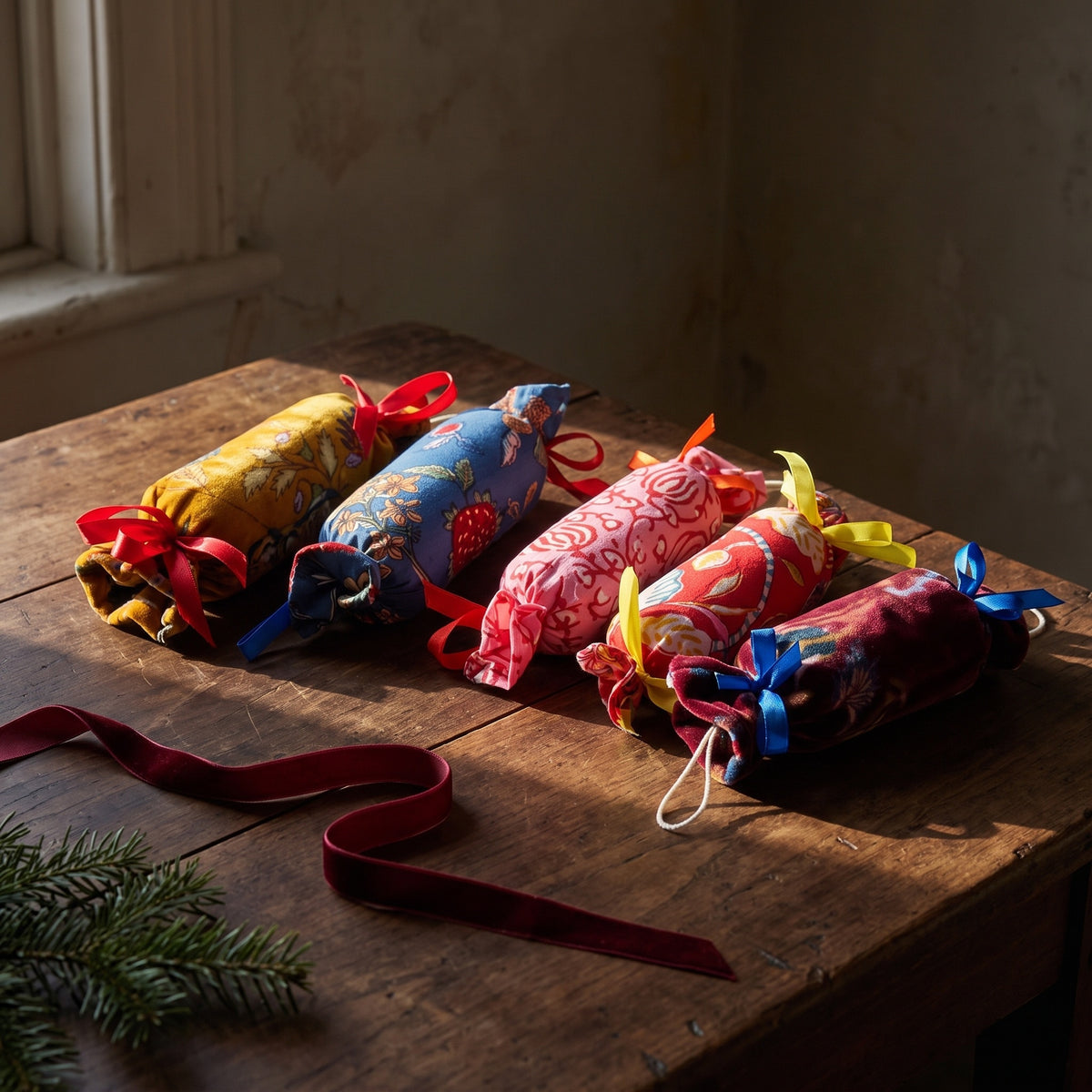 Handcrafted Cotton and Velvet Christmas Cracker Ornaments : Pack of 4
