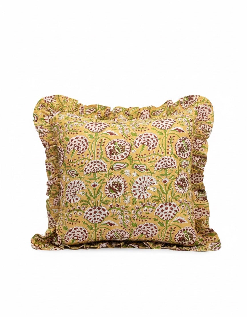Golden Meadow Ruffled Cotton Cushion Cover