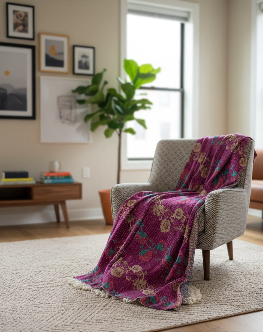 Bougainvillea Bliss Hand-Made Kantha Throw Blanket